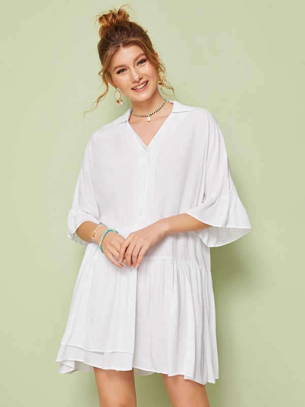 BRIZO Solid Ruffle Shirt Dress